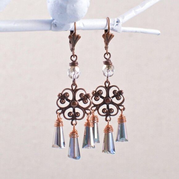 Aged Copper Filigree Earrings - Picture 1 of 5